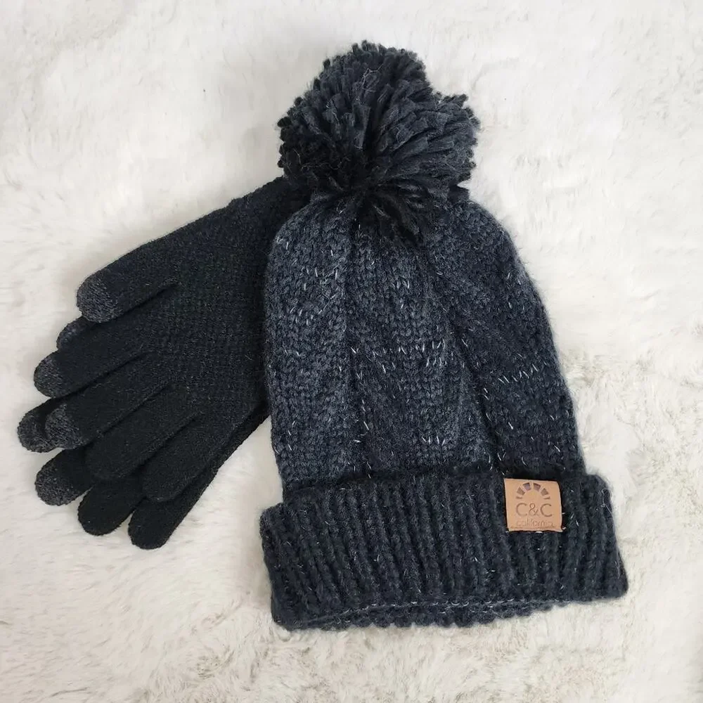 C&C California Black Silver Confetti Cable Knit Beanie Hat & Touch Gloves Set
